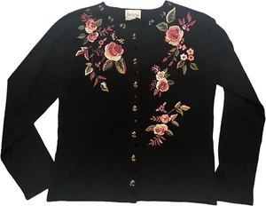 Cárdigan Suéter CARLY ST. CLAIRE Negro Talla M Botón Floral Bordado Cuentas - Imagen 1 de 12