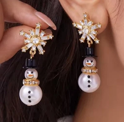 Christmas Xmas Snowflake Snowman Earrings Set Women Drop Dangle Festive Gift - Image 1 of 2