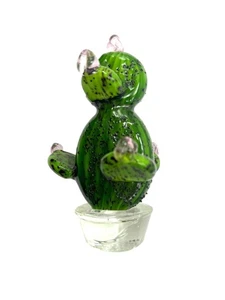 Handblown Green Glass Cactus Figurine With Pink Accents Decorative Art Piece - Picture 1 of 7