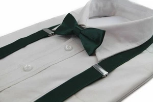 Boys Bottle Green Matching Bow Tie + Suspender Set Kids Unisex Dress Up Wedding - Picture 1 of 5