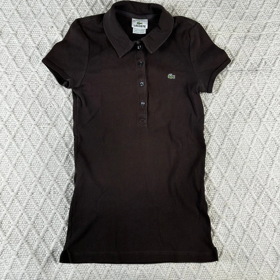 Lacoste 儿童棕色罗纹短袖 Polo 连衣裙鳄鱼标志 36 码 — 第 1/4 张图片