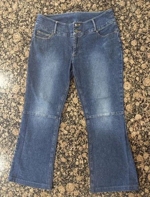 Pantalones de mezclilla Newport News Jeanology doble botón pierna acampanada azul algodón elástico talla 16 Foto 1 de 4