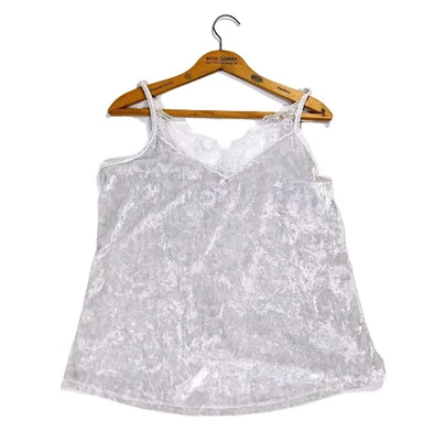 Camiseta sin mangas vintage de terciopelo triturado Y2K talla L plateada cami encaje salir Bella Foto 1 de 4