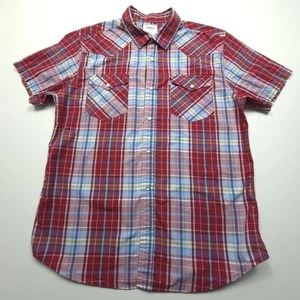 Levis Mens Shirt Large Red Blue Plaid Pearl Snap Western Rancher Cowboy Flap L - Picture 1 of 23