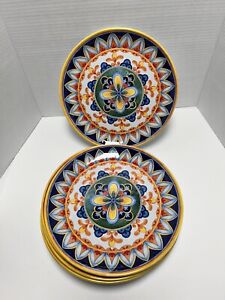 Set Of 8 Panama Jack Home Melamine Plates Medallion Yellow & Blue Floral Outdoor