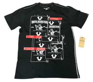 $69 TRUE RELIGION Black BUDDHA TAPE Short Sleeve Designer Graphic T-shirt NWT - Picture 1 of 4