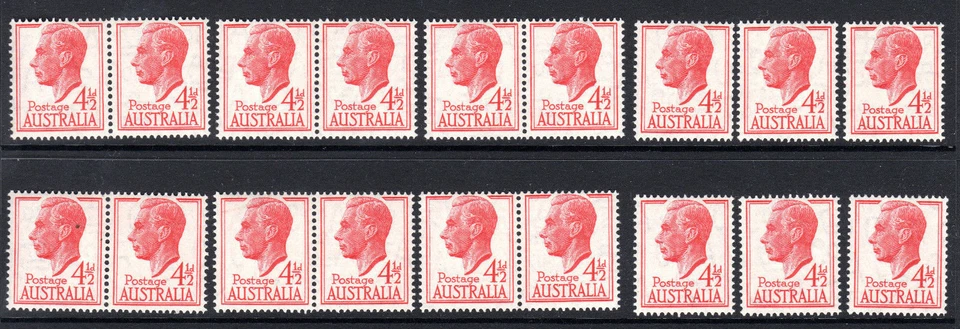 1951 KGVI Definitives Australia 4 1/2d Red Pairs & Singles (18 Stamps) MNH - Image 1 of 1
