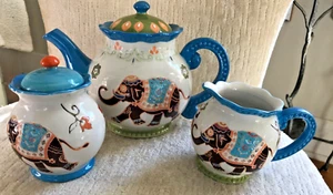 Dutch Wax Teapot set ELEPHANT floral & sugar/creamer Coastline Imports Ceramic - Picture 1 of 4