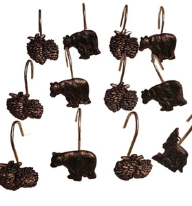 Bear Wolf Pine-Cone Shower Curtain Hooks Rings 12 Pieces Lodge Rustic - Picture 1 of 8