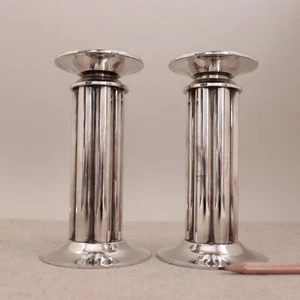 Pair Robert AM Stern Swid Powell Candlestick Silverplate Modern Column Italy 80s - Picture 1 of 22