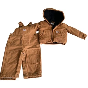 Carhartt Kids Set 12mo. Duck Bib Overall Flannel Lined Insulated Coat Hood Nice - Picture 1 of 17