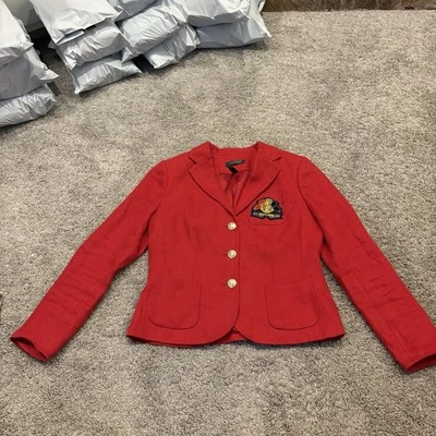 Blazer Lauren Ralph Lauren vermelho 100% linho logotipo náutico patch/botões feminino 8 - Imagem 1 de 4