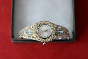 925 Silver WristWatch Bangle With Blue And WhiteTopaz 6 x 6.5 Cm. Wide FOULTY - Picture 1 of 18