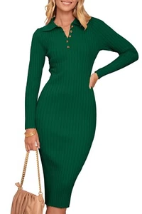 Womens 2024 V Neck Ribbed Sweater Dress Long Sleeve Bodycon Knit XL Dark Green - Picture 1 of 8