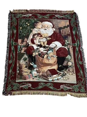 Santa Claus Christmas Tapestry Throw Blanket 60" x 50" Woven Fringe READ - Image 1 of 4