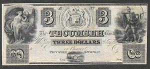 Billete de 3 dólares de 1838 TECUMSEH BANK MICHIGAN ~ PEREZOSO 3's ~ ESCASO BONITO SIN CIRCULAR - Imagen 1 de 2