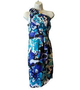 NWT Bisou Bisou Blue White Floral One Shoulder Dress Abstract Asymmetrical 16/L - Picture 1 of 8