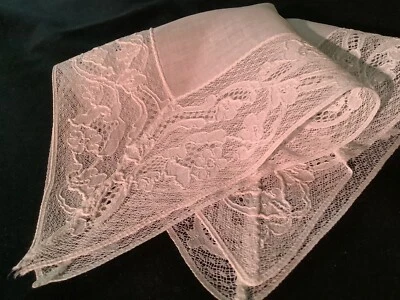 9336🌟Vintage WIDE 2” Lace c1920 Wedding Handkerchief - Image 1 of 4