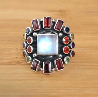 NICKY BUTLER Plata Piedra Lunar Multi Gema Bazel Conjunto Racimo Estilo Anillo Mujer Talla 8 Foto 1 de 4