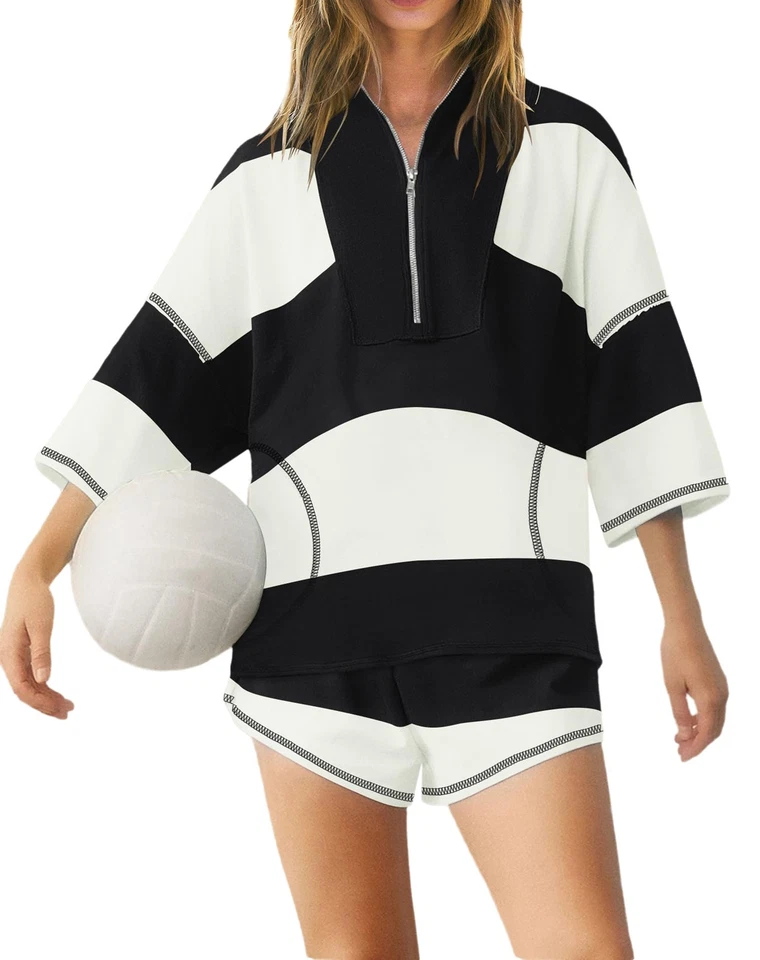 Women Striped Workout Set Two Piece Outfit Tracksuit Oversized Lounge Set1279 Foto 1 de 1