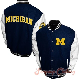 Michigan Wolverines Blue White Wool Leather Graduate Full-Snap Varsity Jacket - Picture 1 of 8