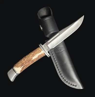 Cuchillo de caza Buck 117 Brahma hoja fija mango de asta de ciervo funda de cuero  Foto 1 de 4
