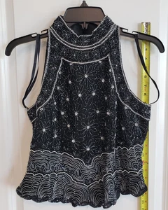 Papell Boutique Evening 100% Silk Lined Beaded Flowers Silver with Sequin Top PM - Picture 1 of 14