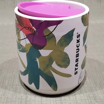 Starbucks Ceramic 8oz Travel Mug Tumbler White Floral Magenta Pink Lid - Image 1 of 4