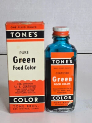 Botella y caja extracto de colorante alimentario verde tono años 50 vintage Foto 1 de 4