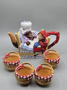  Storybook Little Red Riding Hood Handpainted Ceramic Teapot & 4 TeaCups Dept.56 - Picture 1 of 12
