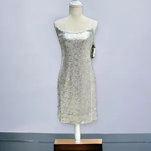 🌻NEW w.tags Bebe Silver Sequins Party Mini Dress Size 12 - Picture 1 of 12
