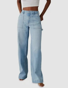 American Eagle Women's Blue Draped High-Rise Baggy Wide-Leg Jeans Pants Size 8 - Picture 1 of 5