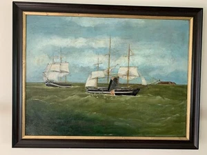 Antique 19th Century Whaling Whale Hunting Ship Maritime Folk Art Oil Painting - Picture 1 of 10