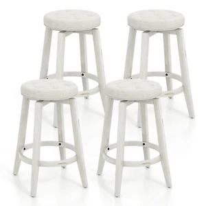 26" Swivel Bar Stool Set of 4 w/ Rubber Wood Frame & Tufted Seat Footrest Beige - Picture 1 of 8