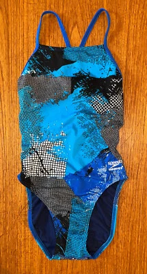 Speedo Endurance+ Thin Strap/Free Back 1-Pc Women's Swimsuit Blue Graphic, Sz 28 - Image 1 of 4