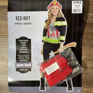 Red Hot Fire Fighter Costume Junior Small 3-5 Pants Top Jacket Suspenders - Picture 1 of 10