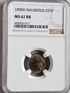 Mauritius 1 Cent 1890H NGC MS 62 RB - Picture 1 of 2