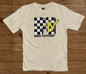 MTV Checkered Light Beige Short Sleeve T-Shirt Boys Size 10/12 - Picture 1 of 9