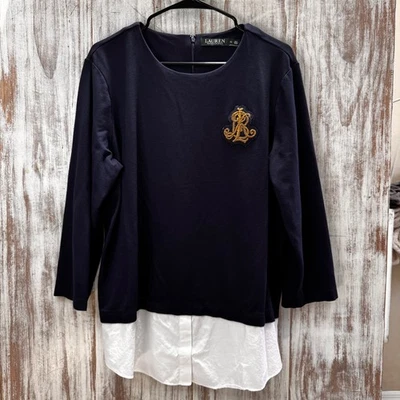 Lauren Ralph Lauren Women Layered Bullion Patch Crest Logo Top Navy Blue XL - Image 1 of 4