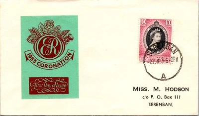 Seremban Malaya 1953 Reina Isabel 2 Coronación IED Primer Día Edición Cubierta Foto 1 de 2