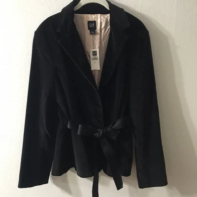 Gap Blazer 天鹅绒夹克女式 16 码丝带领结腰带黑色学院风全新带标签 — 第 1/4 张图片