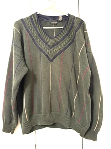 Vintage Y2K Men's Structure Sweater Striped V-Neck Olive Green XL - Picture 1 of 5