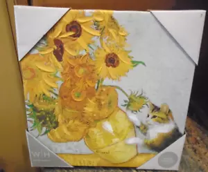 CALICO CAT WITH SUNFLOWERS Canvas Print Picture 12”x12” - "Vincent" - New! - Picture 1 of 4