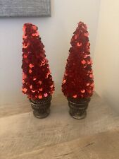Red Sequined Christmas Topiary Trees Set Of 2 Holiday Decor 10.5” Tall Resin Pot
