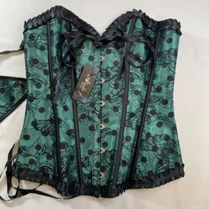 Corsé de encaje a lunares florales verde negro con tanga Bustier/G-String L renacentista justo nuevo con etiquetas - Imagen 1 de 5