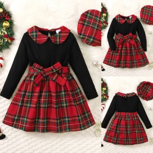 2Pcs Kids Girls Long Sleeve Check Dress Hat Outfits Set Christmas Party Dresses - Picture 1 of 10