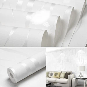 Gloss Silver White  Stripe Wallpaper Roll Non-woven Embossed Home Wall Paper  - Picture 1 of 12