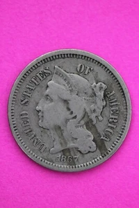 1867 Three 3 Cent Nickel Scarce Semi Key Date Type Coin Philadelphia Mint 193 - Picture 1 of 4