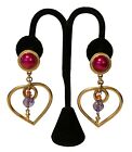 Avon Gold Tone Heart Pink Cabochon Multicolor Lucite Dangle Earrings Pierced