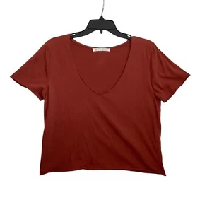 We The Free Deep V-Neck Rust Red Short Sleeve Shirt Top Women Medium 100% Cotton - Picture 1 of 8